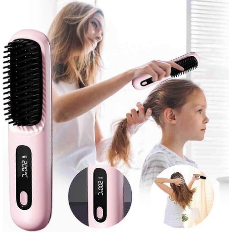 Brosse plate portable rechargeable 2026, peigne lisseur rose (1/5)