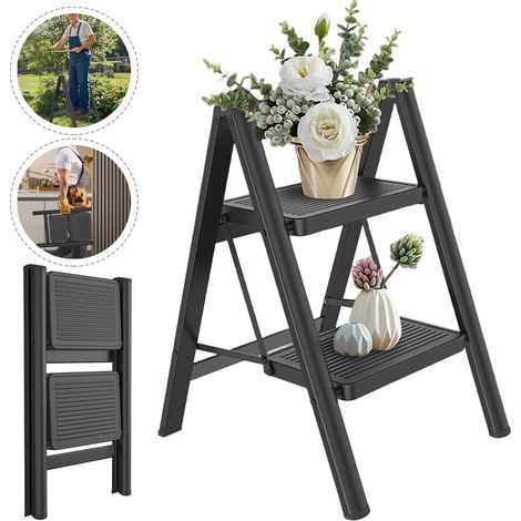 Escabeau pliable à 2 marches avec large pédale antidérapante - Multifonction - Jusqu'à 150 kg - Noir - Pour la maison, la cuisine, le bureau, l'extérieur