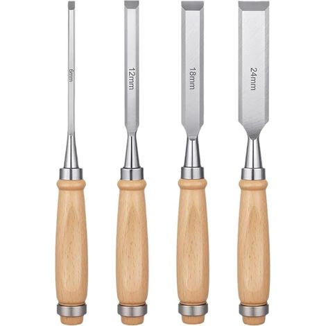 Lot de 4 burins à bois de 6 mm, 12 mm, 18 mm, 24 mm - Outil de coupe tranchant pour la sculpture sur bois - Avec bord biseauté tranchant et manche en bois de hêtre résistant aux chocs (1/5)