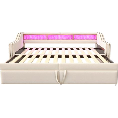 Divano letto estraibile imbottito beige 90/180 x 200 cm con LED, USB e contenitore (1/5)