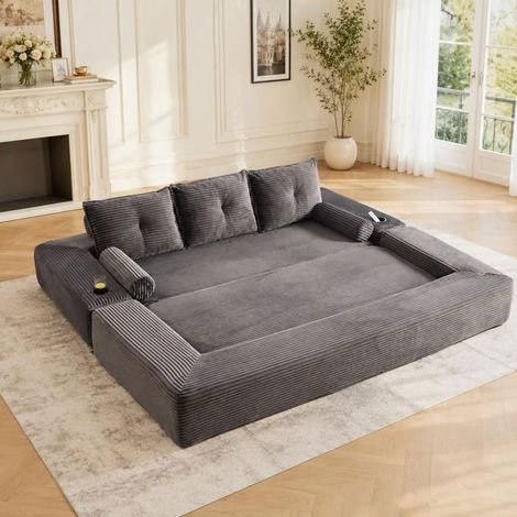 Canapé Convertible 232x98x80cm Velours Côtelé Gris Foncé 3 Places - Canapé-Lit - Mousse Haute Densité 30D, Porte-gobelet, 2 Coussins (1/5)