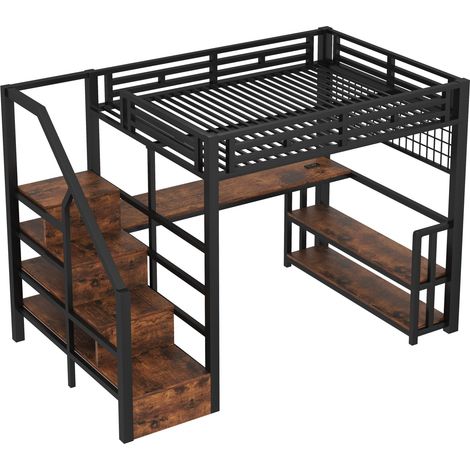 Hochbett 140x200 cm aus Metall und MDF mit Schreibtisch, Aufbewahrungsleiter und LED (1/5)