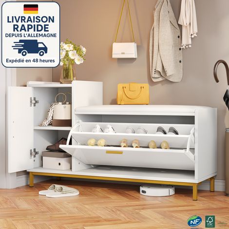 Zapatero de 100 x 38 x 68 cm: banco acolchado con almacenaje, 2 estantes + armario, acabado lacado blanco y patas metálicas doradas. Ideal para recibidor, salón y despacho. (1/5)