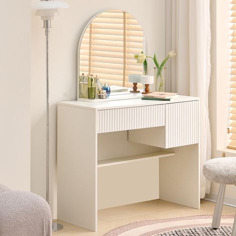 Schminktisch mit Spiegel – moderner frisiertisch mit Schubladen und offenen Regalen, weiß,-H135/B90/T40cm