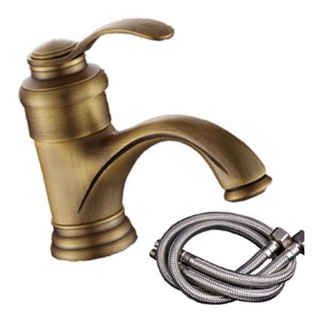 Feyfunns Robinet de Lavabo Rétro Doré - Version Basse 14cm - Mitigeur à levier unique - Avec 2 flexibles eau chaude/froide inclus (1/5)