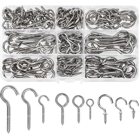 150 Stück Edelstahl-Schraubhaken, 9 Größen, Kronleuchter-/Deckenhaken, Metall-Schraubhaken für Lampen, Schlüssel, Teetassen und andere Dekorationen (1/5)