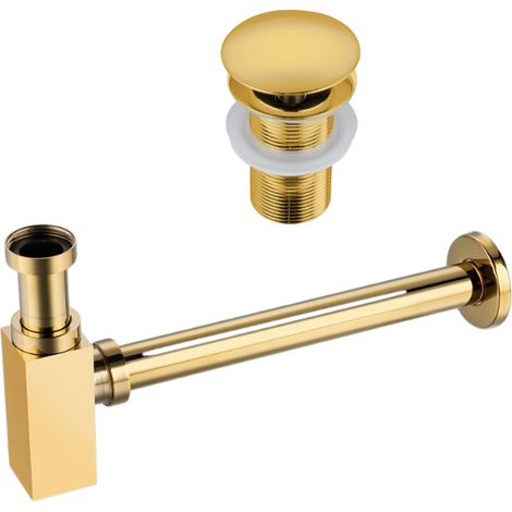 BALNEO - ensemble bonde de lavabo Klik Klak A sans trop-plein dorée + siphon carré doré en laiton - kit pour lavabo (1/5)