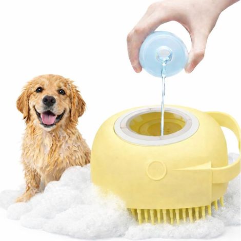 Brosse de Bain en Silicone Souple pour Chien - Réservoir Distributeur de Shampoing Intégré - Massage et Toilettage (JAUNE) (1/5)