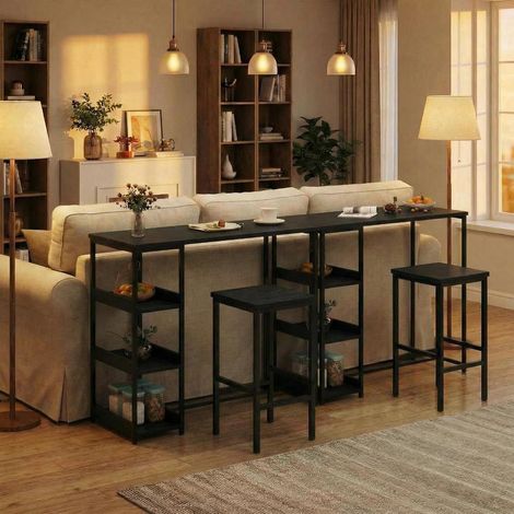 Ensemble Table à Manger 3 Pièces, Table Carrée 90 cm avec 2 Tabourets, Style Industriel avec Étagères de Rangement 3 Niveaux, Gain de Place, Noir (1/5)