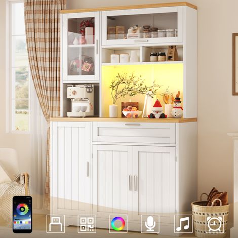 Cuisine ou salon, buffet haut vitrine 104x40x180 cm avec éclairage LED USB, portes en verre et tiroir (1/5)