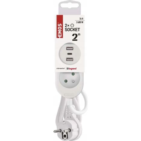 Multiprise blanche 2 prises + 2 ports USB-A + 1 port USB-C, 2 m (1/4)