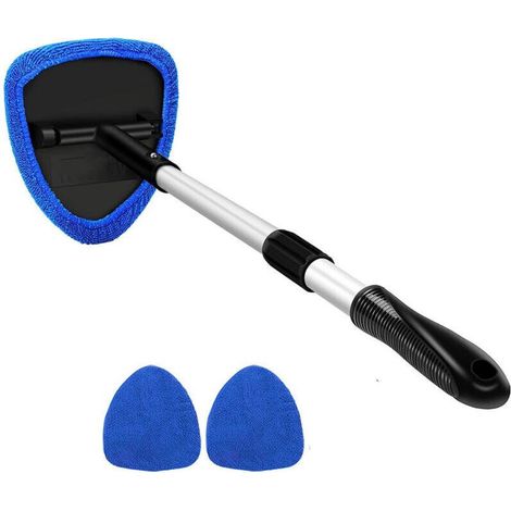 Outil de nettoyage de pare-brise de voiture en microfibre avec 2 tampons en microfibre réutilisables et lavables et poignée extensible Kit d'essuie-glace intérieur automatique, bleu