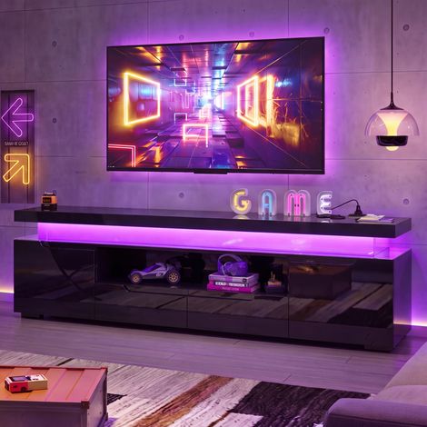 VASIEN – Meuble TV Noir Brillant 180 cm avec LED,USB,Espace De Rangement,Meuble TV Moderne Avec 2 Portes Et 2 Tiroirs,étagère Ouvert,Meuble Tele Pour TV Jusqu'à 75 Pouces,Banc TV Pour Salon Chambre (1/5)