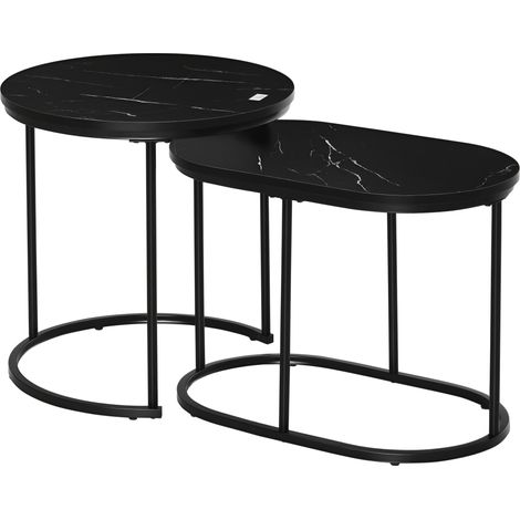 2er-Set stapelbarer Couchtische Schwarz bestehend aus ovalem und rundem Kaffeetisch im Marmoroptik aus MDF und Metall Ø50 x H50,5 cm