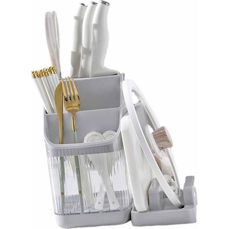 Bloc à couteaux avec compartiment de rangement et plateau égouttoir, transparent, gris. (1/5)