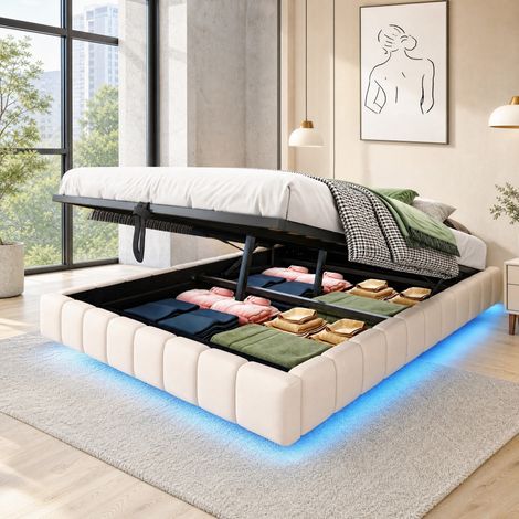 DESMIU Lit coffre 140 × 200 cm 2 places avec LED, rangement hydraulique, sans matelas, en tissu beige (1/4)