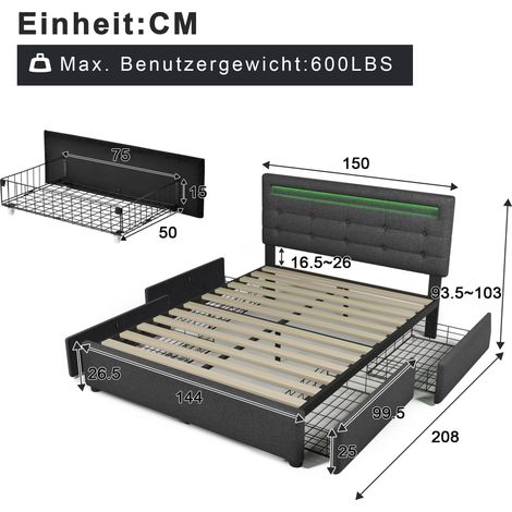 Cadre lit 140×200cm gris,éclairage LED et 4 tiroirs,lit double rembourré,tête réglable en hauteur,base à lattes bois sans matelas