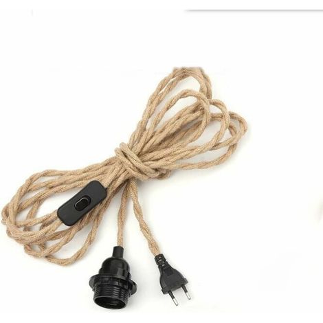 Lustre Corde de Chanvre Câble 3m, Douille E27 Interrupteur avec Fil Cable Ampoule, Pour DIY Lampe Suspension Lumière Pendante Industrielle Lustre Douille Fil Electrique Vintage-1pc (1/4)
