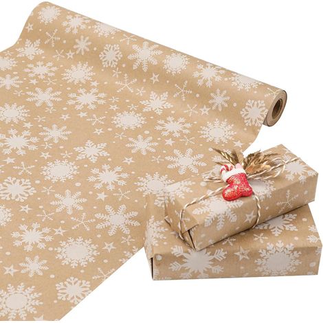 Codkkre Noël cadeau papier 44cm x 15m recyclé Kraft rouleau d'emballage papier cadeau rétro Pâques anniversaire Valentine enfants cadeau papier Flocons de neige (1/5)