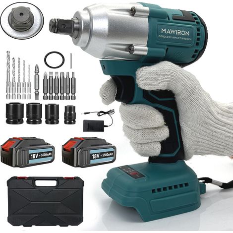 Chiave a percussione, chiave a percussione wireless brushless, con driver 1/2" 21V 320N. M coppia, 2 prese, 19mm 21mm, 1 batterie 5500mAh, trasmissione agli ioni di litio per ruote, compatibile con ba