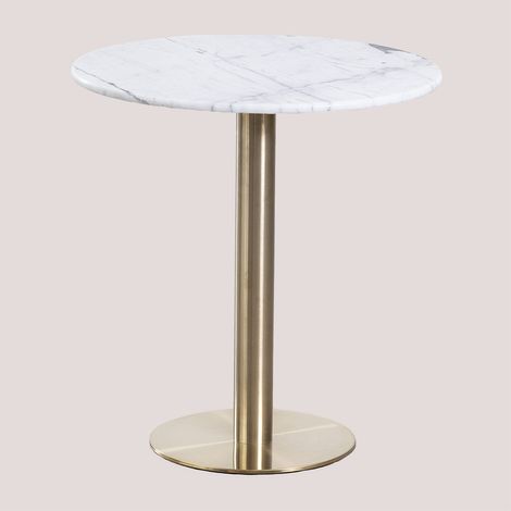 Sklum – Table de bar ronde en marbre Ø70 cm – Base en fer avec finition métallique – Patins antidérapants pour confort – Usage intérieur et extérieur