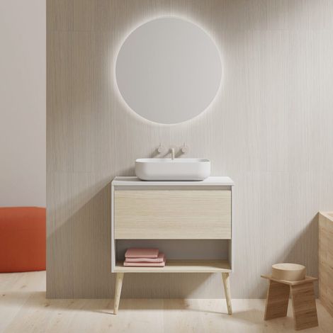 Meuble salle de bain avec vasque posée NARA TOP chêne clair blanc 80 cm Miroir non inclus (1/5)
