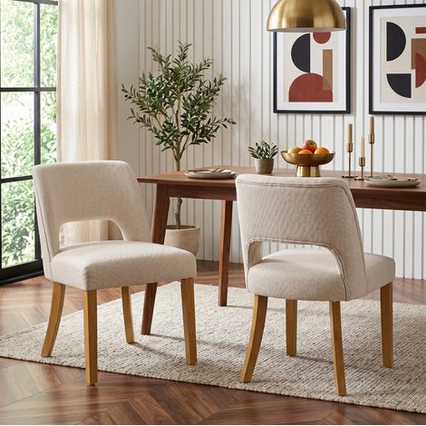 Sedia da pranzo in legno massiccio e lino beige, confortevole, con montaggio rapido (1/5)