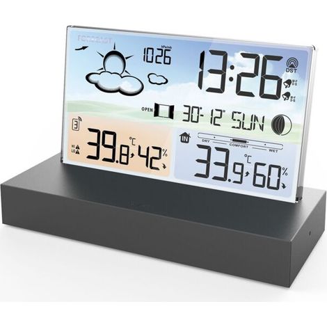 Station Météo Électronique Design Verre Transparent, Réveil avec Prévisions 12H, Capteur Extérieur Sans Fil 433MHz, Température Humidité Pression, Écran Couleur (1/4)