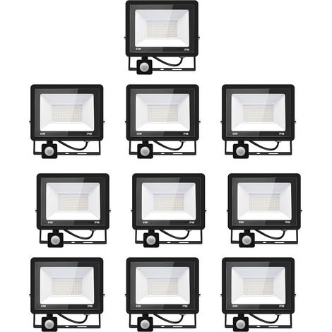 10PACK - Projecteur LED détecteur de mouvement 50W,5000LM Projecteur LED Exterieur Avec Detecteur Blanc Chaud(3000K) Imperméable IP66 Projecteur LED exterieur de sécurité pour, garage, couloir