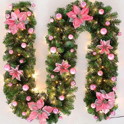 Guirlande lumineuse de Noël - 2,7 m (8,8 pi) - Rotin, fleurs artificielles, décorations de Noël - Rose (1/5)