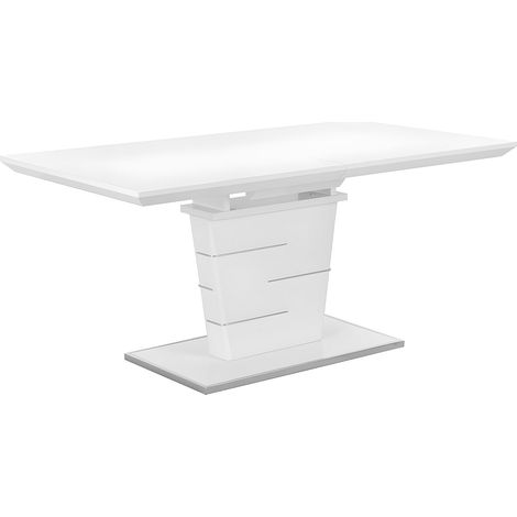 Vente-Unique – Table extensible blanche 6 à 8 places – MDF laqué – Pied central en acier inoxydable – Rallonge papillon intégrée – Dimensions 160/200 cm