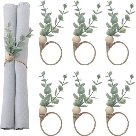Ensemble de 6 Bagues à Serviettes en Bois Rustiques à l'Eucalyptus avec Perles, Style Bohème, pour Dîner en Famille, Banquet, Mariage, Noël et Pâques (1/4)