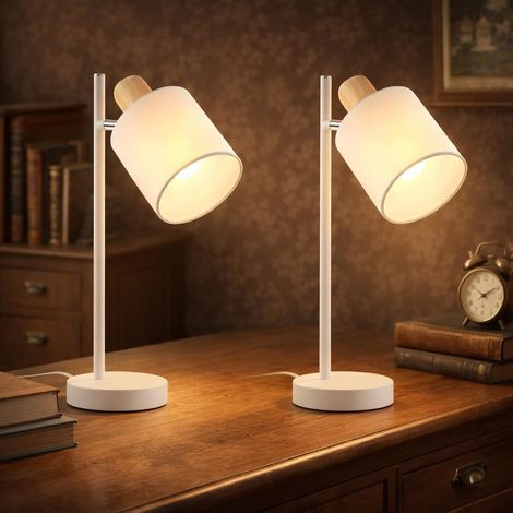 CBJKTX Lot de 2 lampes table en bois vintage - E14 tissu blanc (1/5)