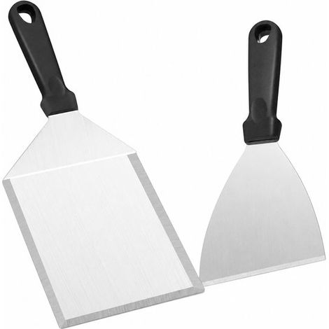 Spatules de plancha et barbecue en acier inoxydable, lot de 2, avec manche en bois, racloir multifonction, 23 et 31,3 cm, pour hamburgers, steaks et teppanyaki, argent et noir (1/5)