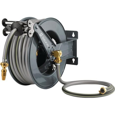 Enrouleur tuyau arrosage 30m – Automatique avec retour à ressort – Acier inoxydable – Sortie G 1″ AG – Montage plafond ou mur – Geka (1/4)