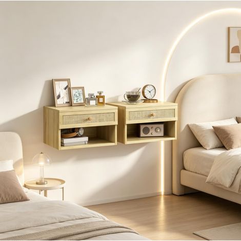 Set de 2 mesitas de noche flotantes de pared de aglomerado natural 40 x 34 x 23 cm OKWISH (1/5)