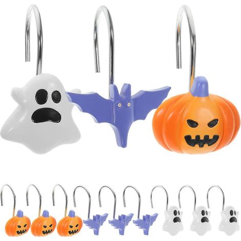 Lot de 12 crochets de rideau de douche sur le thème d'Halloween : chauve-souris, citrouille et fantôme. (1/5)