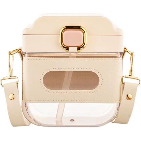 Borraccia quadrata beige con tracolla regolabile e cannuccia - borraccia in plastica riutilizzabile da 700 ml/24 oz (1/5)