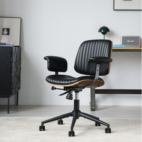 Chaise de bureau pivotante à roulettes, hauteur réglable, avec accoudoirs finition bois noir HAVRYA (1/5)