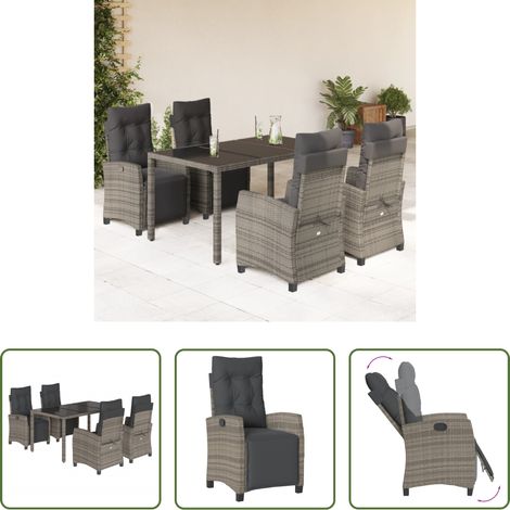 Gartenessgruppe - 5-tlg. Garten-Essgruppe mit Kissen Grau Poly Rattan (1/5)