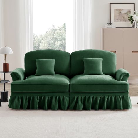 Divano moderno a 2 posti in stile medievale, con braccioli allungati, gonne plissettate rimovibili e gambe in legno, rivestito in confortevole tessuto di ciniglia - Ideale per il soggiorno - Verde