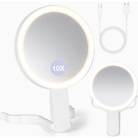 Miroir de Maquillage Pliable Grossissant 10X avec Éclairage LED, Miroir Double Face avec 3 Modes Lumineux, Miroir Lumineux Portable pour la Maison et Les Voyages (1/5)