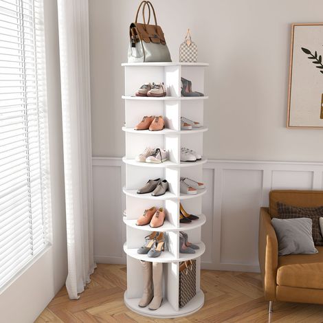 Tour à chaussures pivotante à 7 niveaux – Support à chaussures pivotant à 360°, sur pied, peu encombrant, pouvant accueillir jusqu'à 28 paires de chaussures, avec socle surélevé pour les bottes, blanc (1/5)