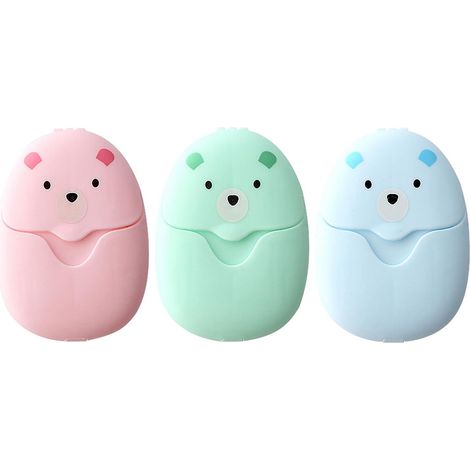 Portable, air-dryable soap in single packs, with a shelf life of 150 days, suitable for home, travel, outdoor, and bathroom use. Available in blue, green, and pink.