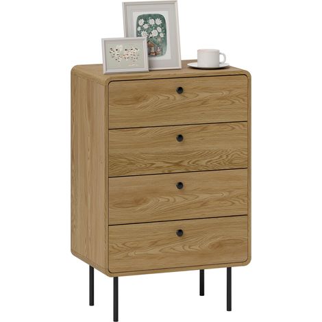 Commode 4 tiroirs, meuble de rangement étroit avec pieds en acier, coins arrondis, 60 x 39 x 91,5 cm, chêne