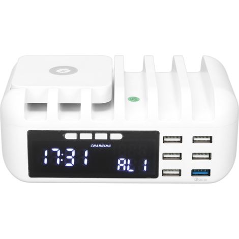 Chargeur multifonctionnel 5 ports USB sans fil à charge rapide avec horloge numérique de bureau et chargeur de téléphone portable (prise 110-240 V). (1/5)
