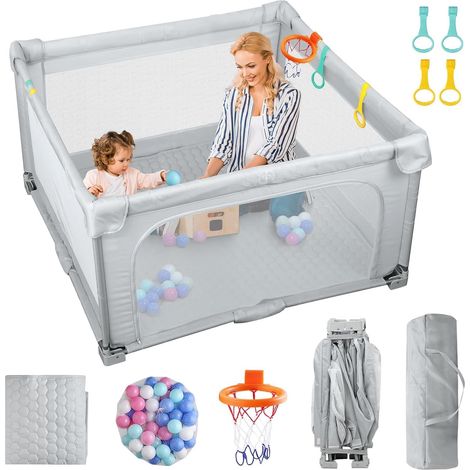 Parc Bébé Pliable avec Tapis 150×150cm Parc Portable pour Intérieur et Extérieur Tissu Oxford avec 50 Balles 4 Poignées et Panier de Basket pour Voyages en Voiture Jardin et Maison-Gris Argenté (1/5)