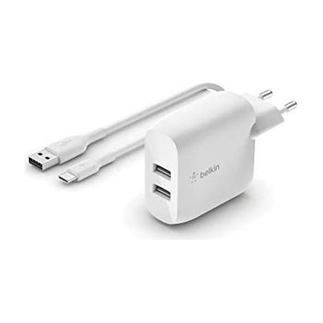 Belkin Dual USB-A Ladegerät, 24W incl. USB-C Kabel 1m, weiß (1/4)