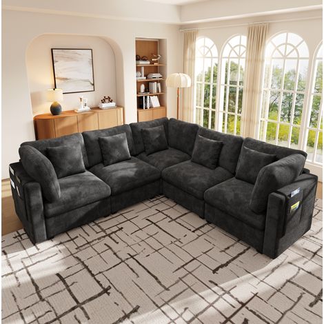 Sofá esquinero modular de 5 plazas, 226x226 cm, con bolsillos laterales y 5 cojines, de chenilla, para salón - gris (1/5)