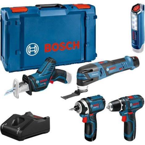 Bosch Professional – Pack de 5 outils électroportatifs 12V – Visseuse GSR 12V15, découpeuse GOP 12V28, clé à chocs GDR 12V105, scie GSA 12V14, lampe GLI 12V300 – 3 batteries 2.0Ah et chargeur inclus - XLBoxx-061599 (1/2)